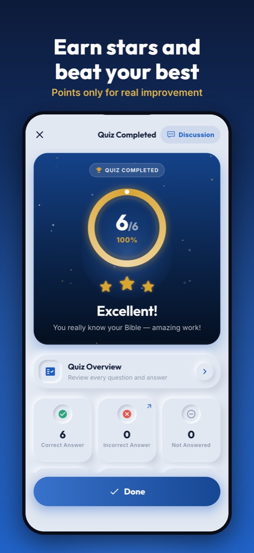 Quiz results with stars and points