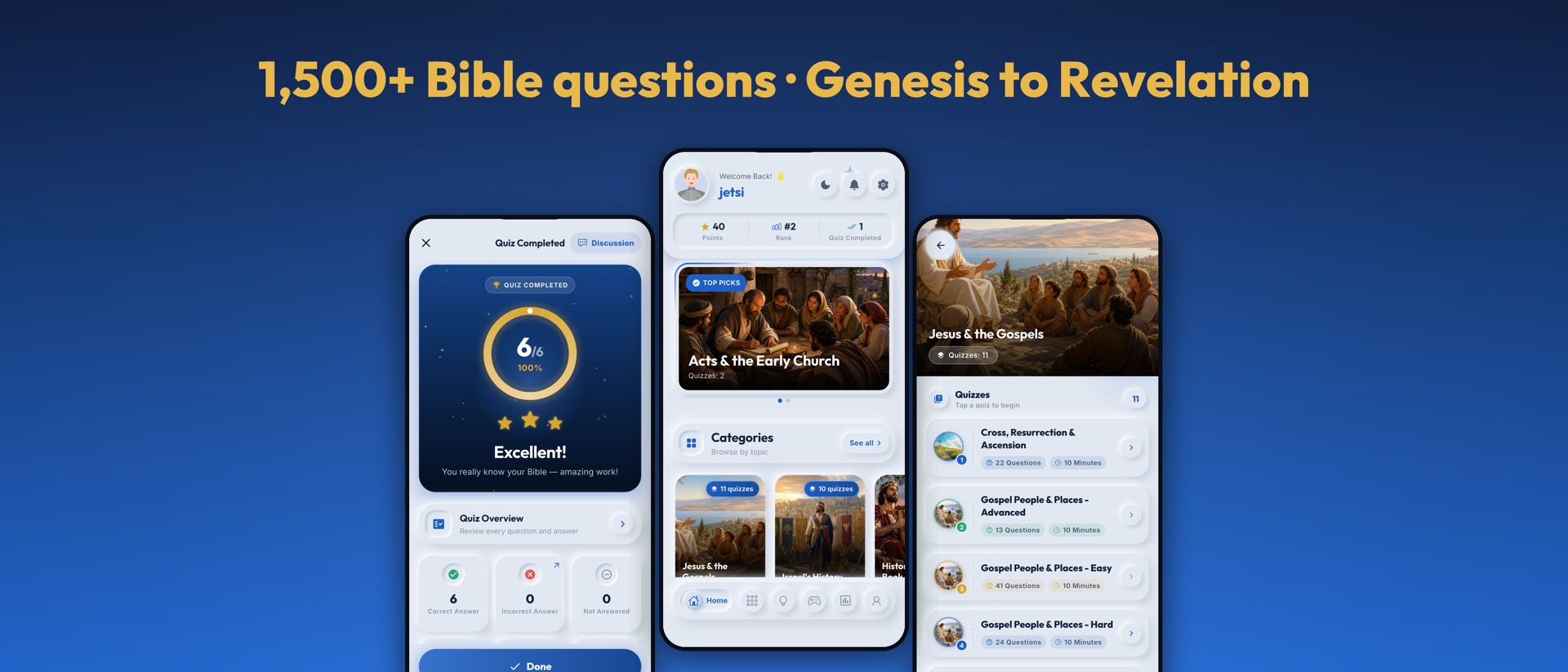 Bible Quiz app screens: home, quiz results and Gospel quizzes